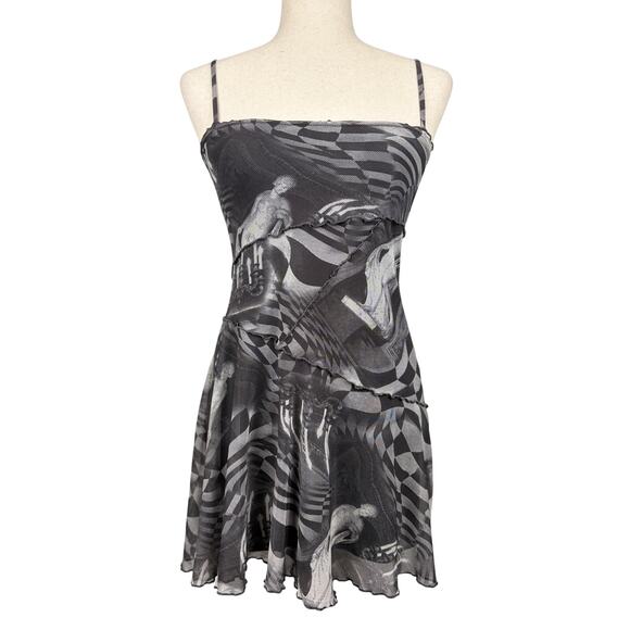 Urban Outfitters Dresses & Skirts - Urban Outfitters Black Mesh Mini Dress Abstract Print Layered XS
